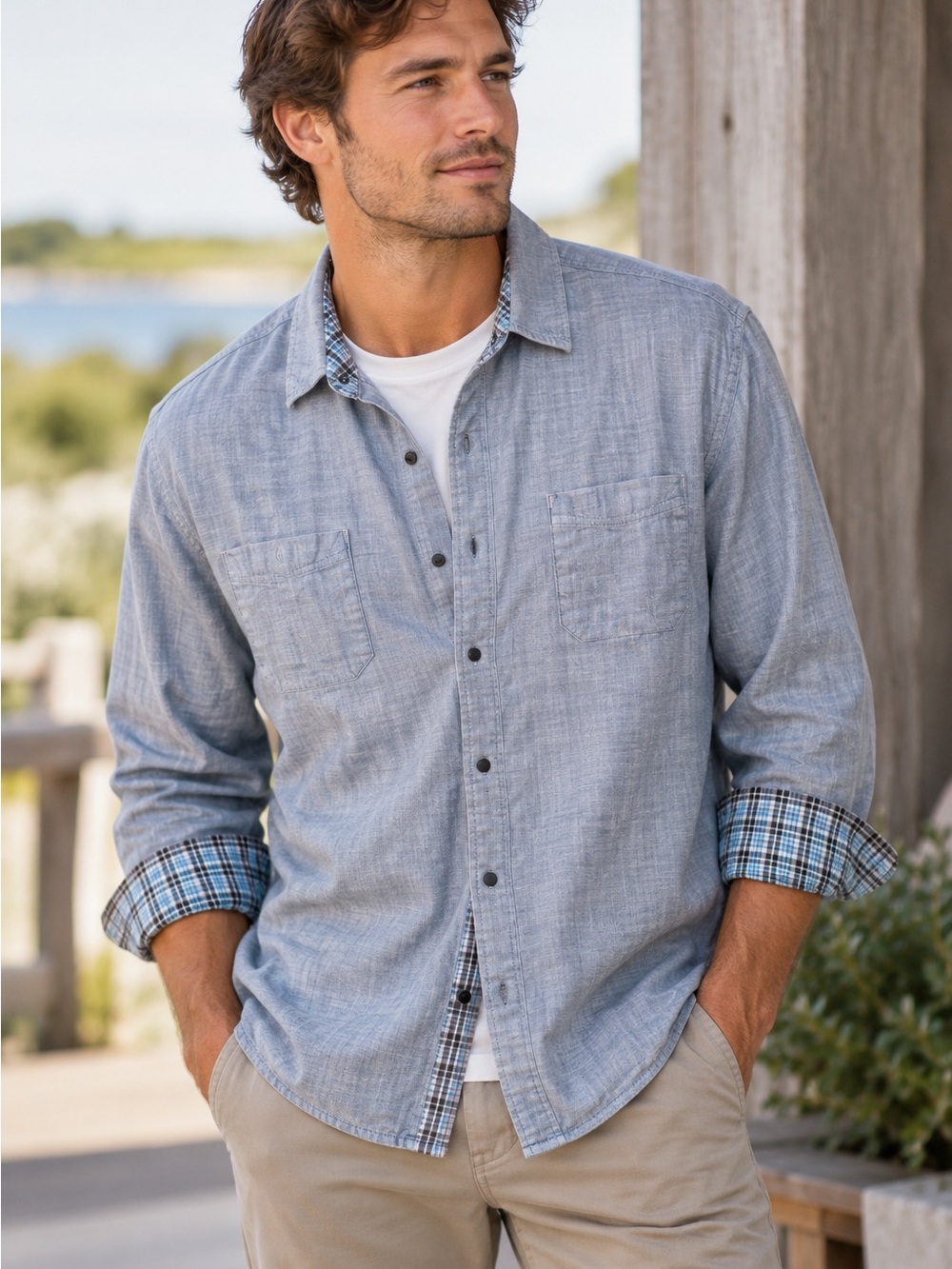 Billabong Men’s XL Reversible Plaid Chambray Shirt 2-in-1 Snap Button